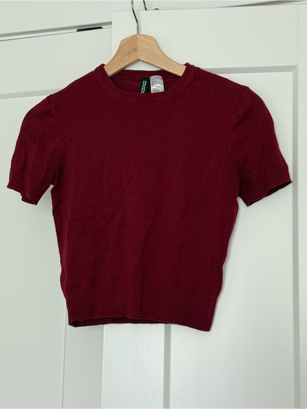 Divided Short Sleeve Knit Top in Burgundy